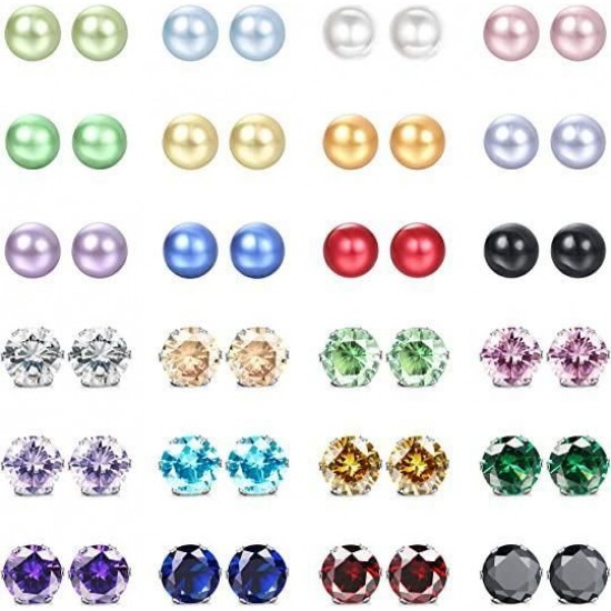 24 Pairs Stainless Womens CZ Stud Earrings Set Brilliant Cut Round Cubic Zirconia Birthstone Faux Pearl Ball Stud Piercings 5MM